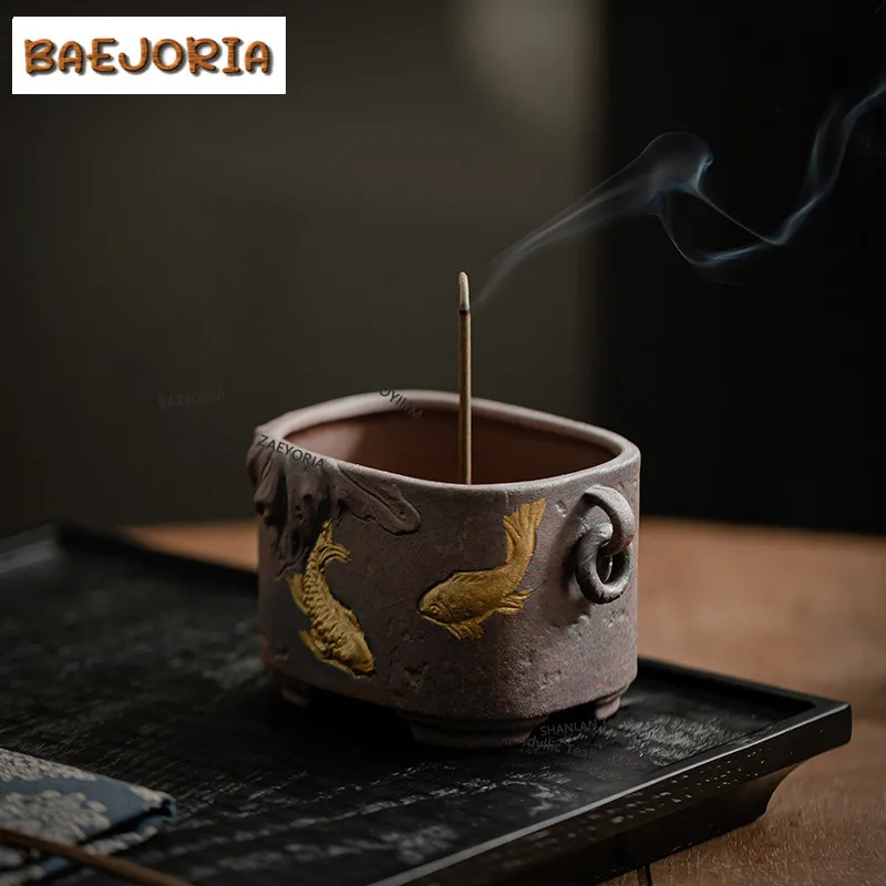 BAEJORIA Gold Koi Fish Fragrance Insertion Holder Chinese Aromatherapy Stove Four Legged Art Thread Incense Stand Home Desktop