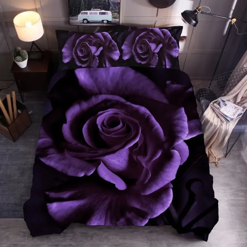 

New 3D Rose Marry Wedding Bed Clothes Bedding Set Print Purple, Red, Blue Flower Home Textile Bed Sets For Double High Quality