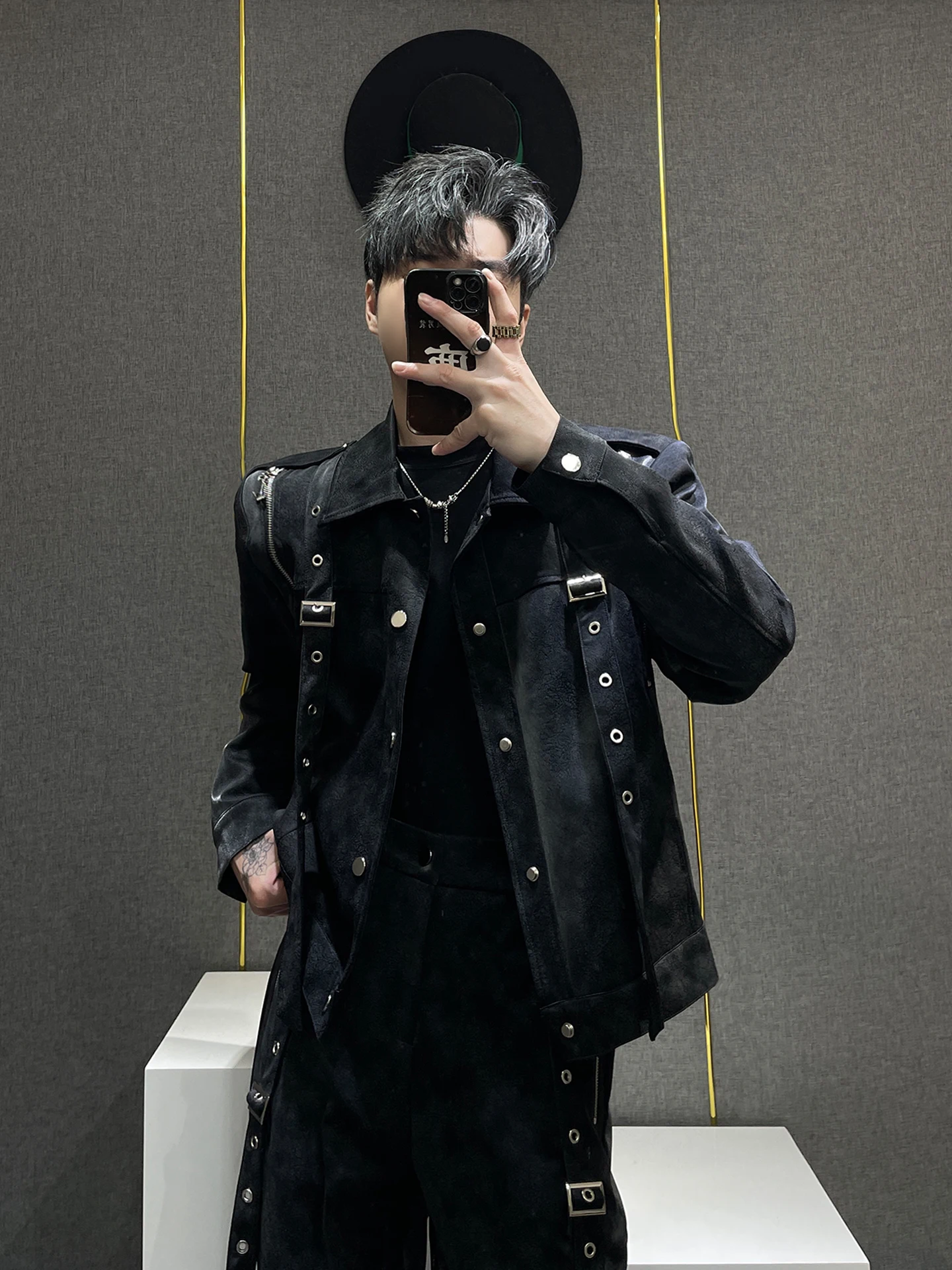 American High Street Fashion Design Heavy Leather Jacket Set Rivet High-end Stylish Motorcycle Jacket Coat for Men