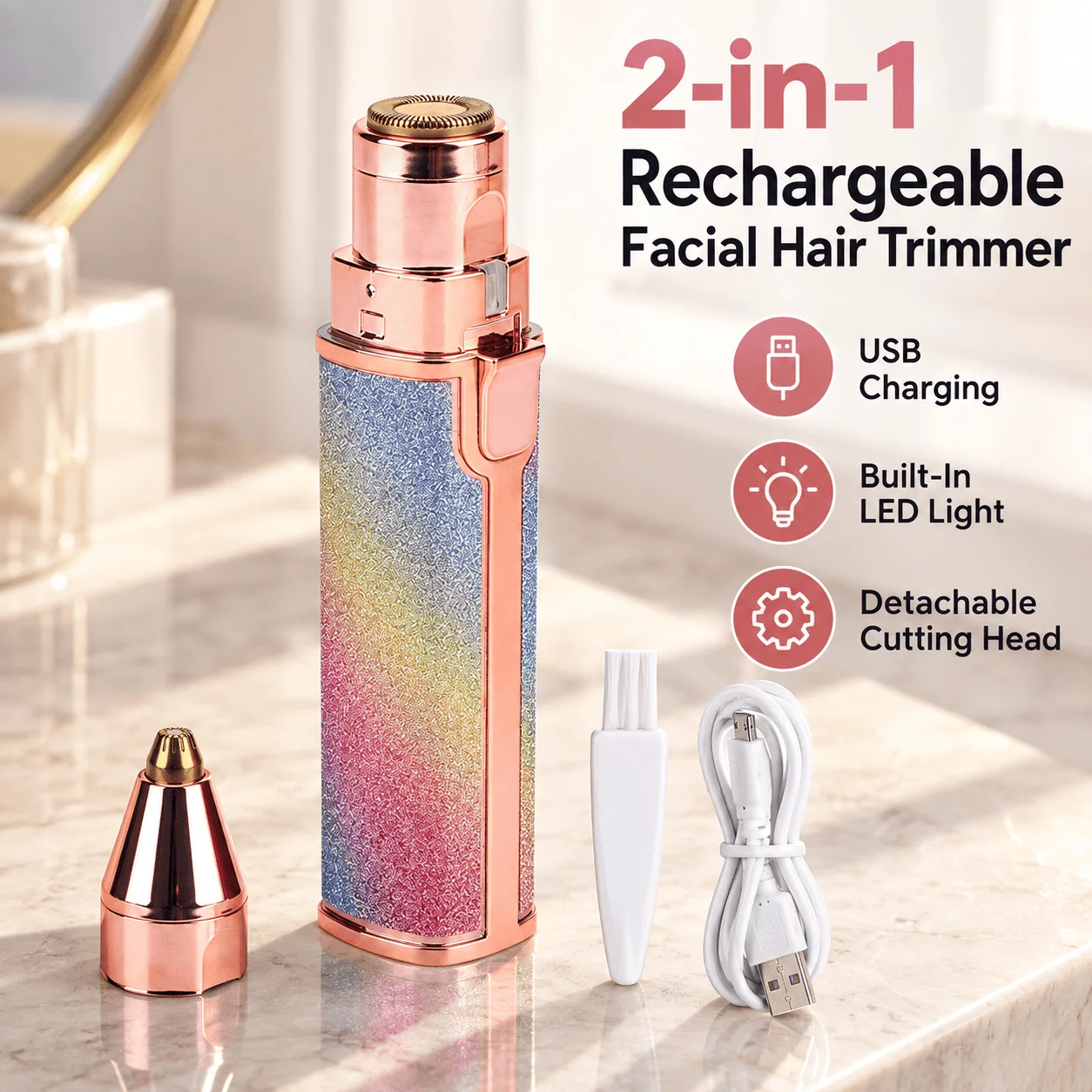 2-in-1 Rechargeable Facial Hair Trimmer, USB Charging, Built-In LED Light, Detachable Cutting Head, Compact Lipstick-Style Design, for Eyebrow, Upper-Lip, Chin and Facial Hair Grooming at Home or During Travel, ABS, 3 x 12.8cm