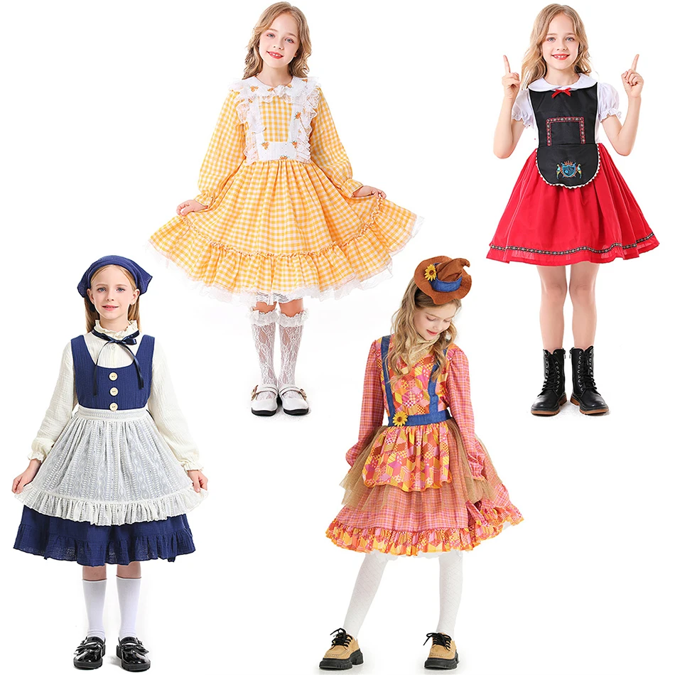 Girls Stage Play Performance Costume Kids Pastoral Farm Style Outfits Children Disguise Cosplay Pattern Embroidery Clothes