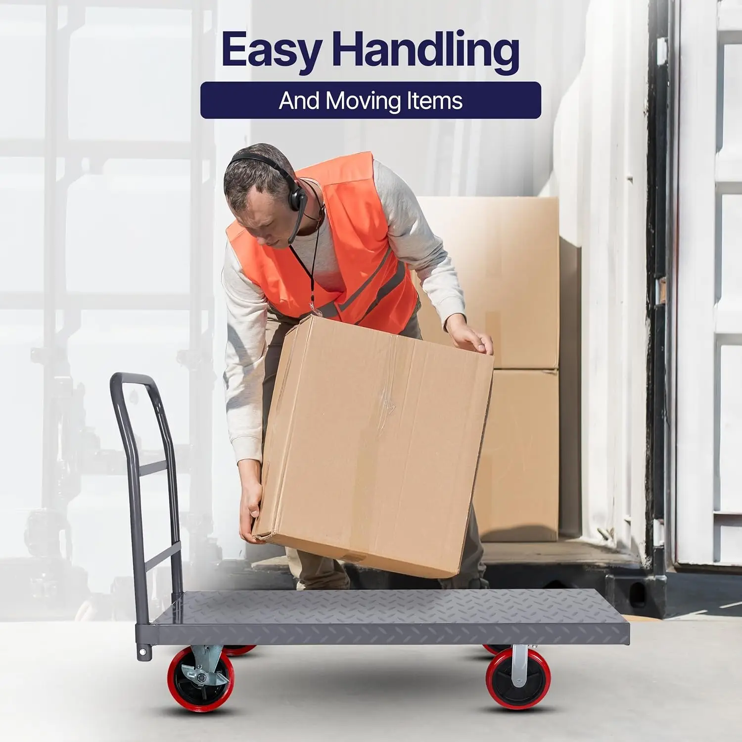 عربة منصة مسطحة 5 ثانية دوللي صناعية شديدة التحمل 48 بوصة × 24 بوصة منصة شاحنة دفع يدوية لوحة ماسية شديدة التحمل