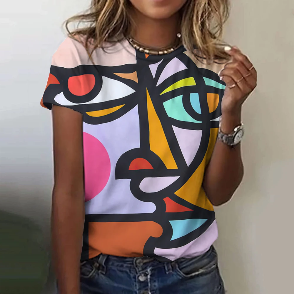 Abstract Character Print T Shirt For Women Casual O-neck Short Sleeve Tops Fashion Street Girl T-Shirts Summer Loose Ladies Tees