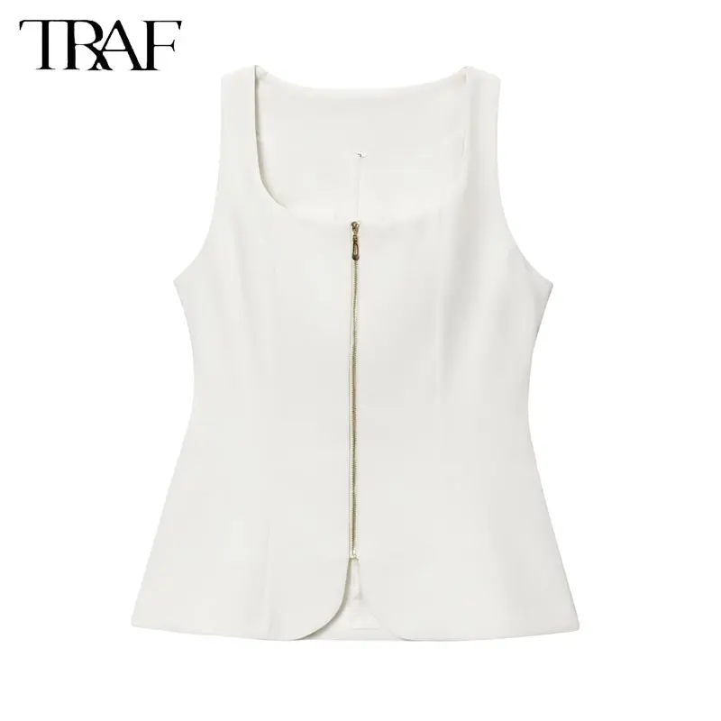 

TRAF 2025 zipper Bustier Waistcoat Women Sleeveless Square Neck Waistcoat With Zipper Casual Women's Tank Top Chic Female To