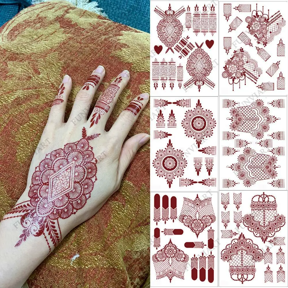 

10 Pcs/Set Maroon Color Henna Tattoo Stickers for Hand Brown Red Henna Tattoos for Women Waterproof Temporary Mehndi Tattoo Fake