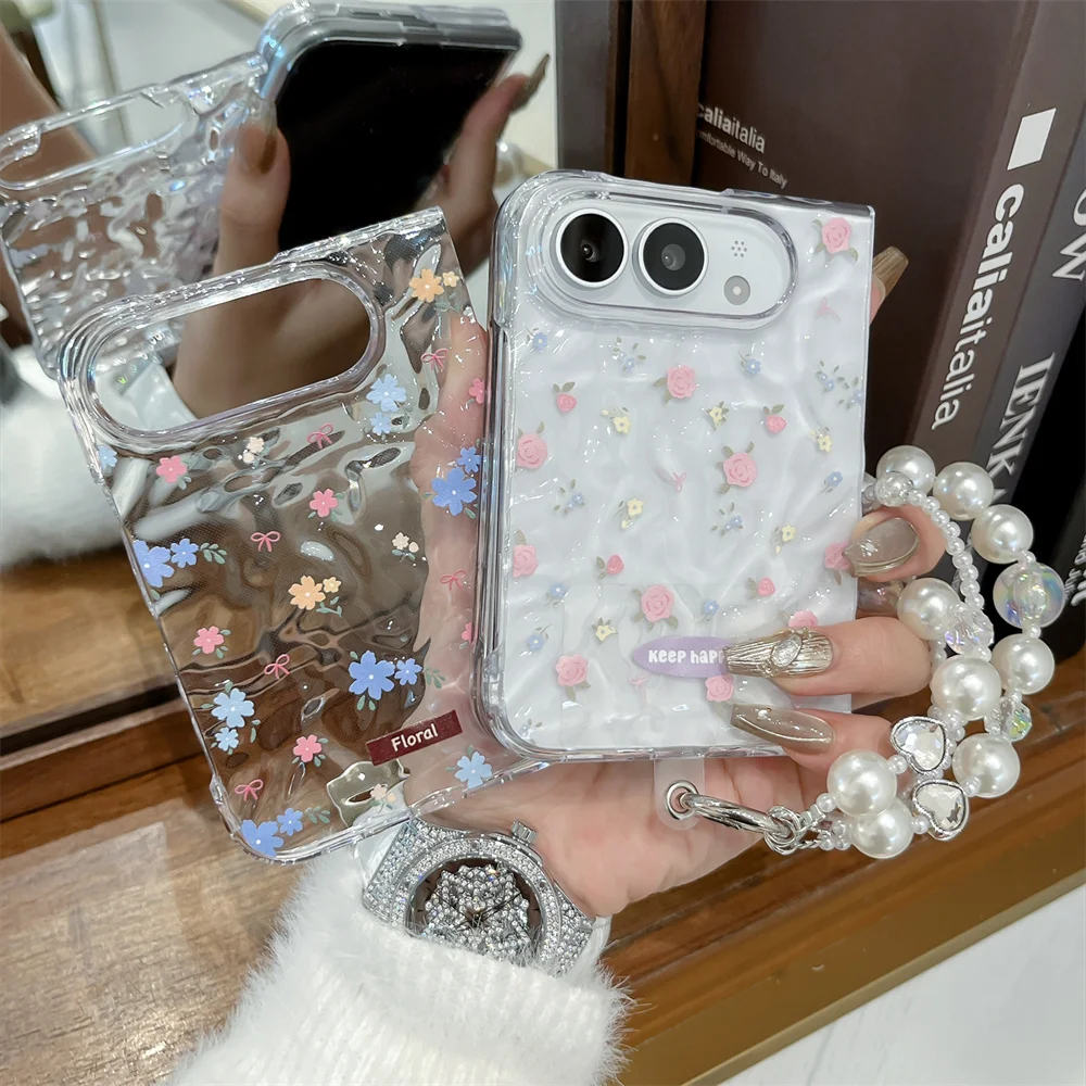 Cute Pastel Tiny Floral Bow Print Phone Case For iPhone Ultra Fold Water‑Ripple Shell Pearl Bead Shockproof Hard Cover For Girls