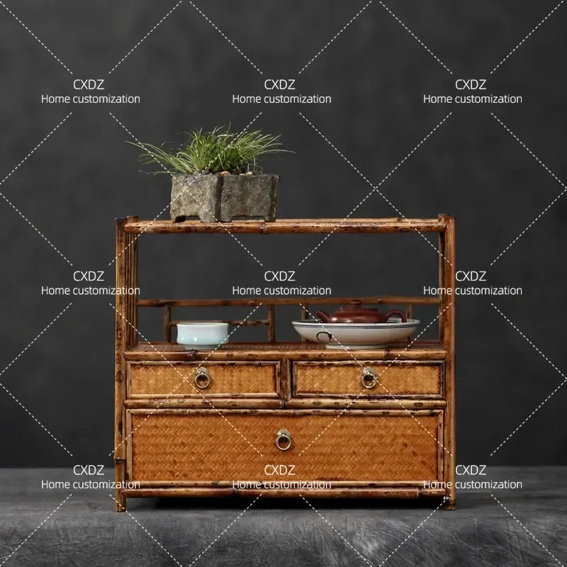 Bamboo Tea Cabinet Storage Rack for Pu Er Teapot and Tea Cake Display Stand with Cup Holder Fan Box Organizer Shelf