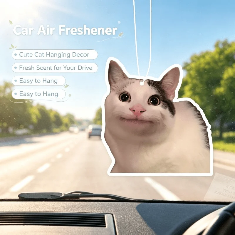 Car Air Freshener Funny Smiling Tabby Cat Hanging Scent Card for Car Interior Decor Rearview Mirror Ornament Gift
