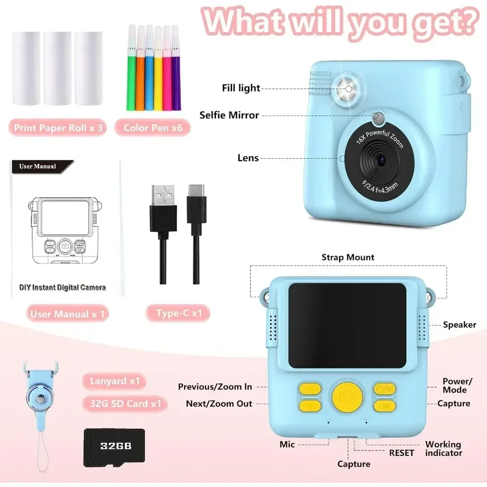 Cámara de impresión instantánea para niños, cámara portátil de 1080P para niños con 32GB de Tarjeta 3 y rollos de papel fotográfico, regalo perfecto