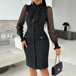 Fashion Dresses for Women Latest 2024 Autumn Winter Skirt Elegant Button Tie Neck Sheer Mesh Patch Frill Hem Shirred Midi Dress