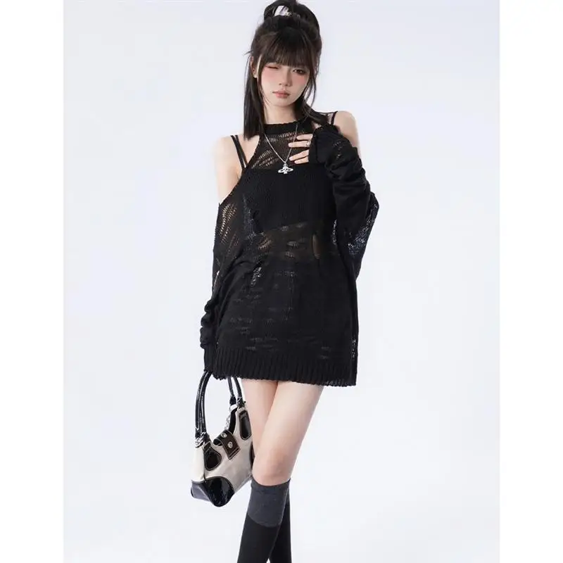 

Exposed Shoulder Knitted Top Loose Women Y2k Aesthetic Hollow Out Thin Pullover Jacket Spring Summer Fashion Casual Sexy Sweater