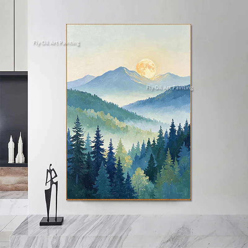 Hand Painted Oil Painting Moonrise Over Misty Mountain Pine Forest Original Textured Landscape Wall Art for Living Room Decor