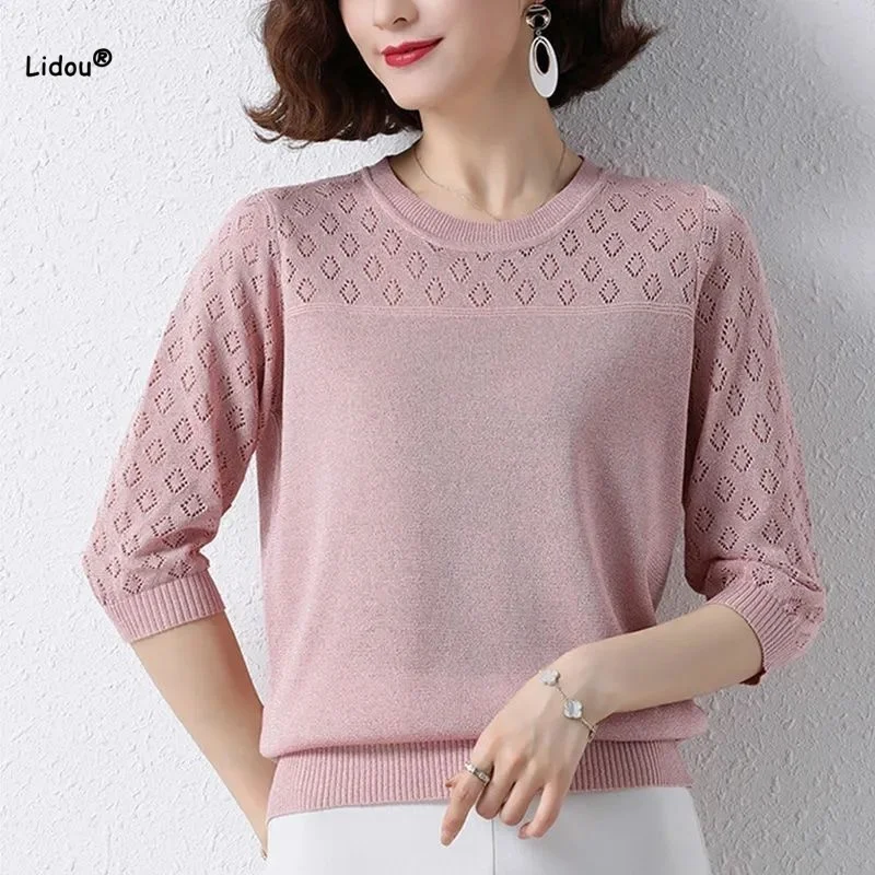 2024 Summer Solid Color Hollow Out Casual T-shirt T-shirt Women\'s Clothing Fashion All-match Female Half Sleeve Pullovers Tops