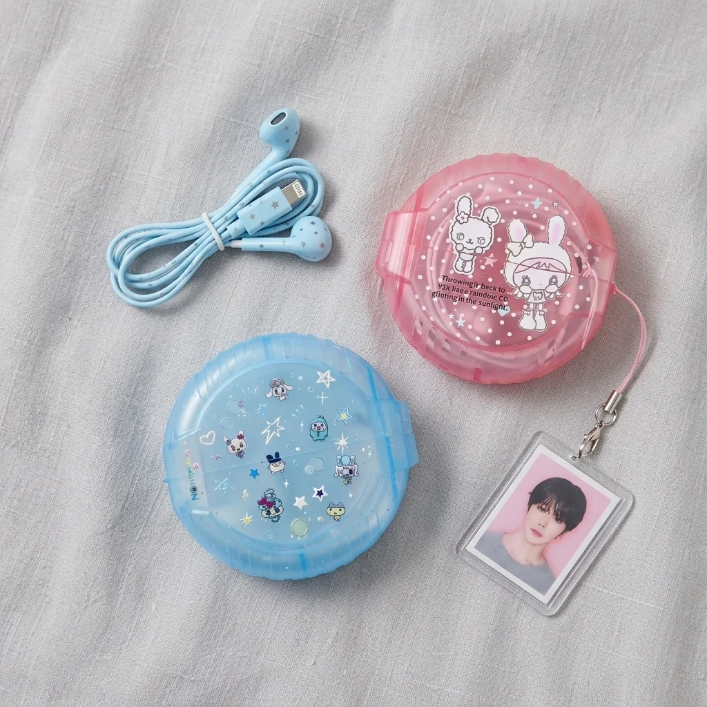 Early Korean Subculture Wired Earphone Storage Box Pendant Cartoon Home Office Organizer Random Stickers