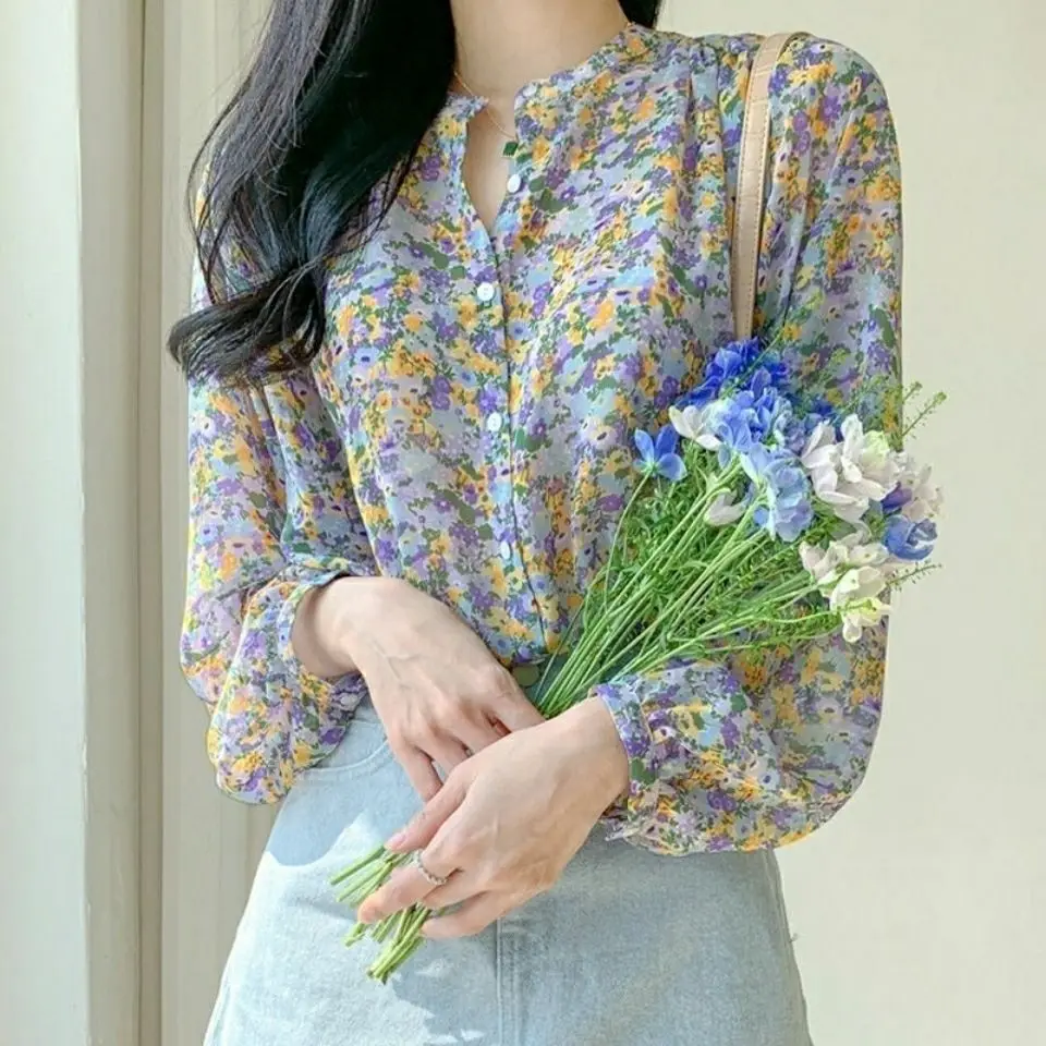 Summer Woman Clothes Casual Korean Fashion Style Loose Floral Sweet Long Sleeve Youth Lively V-neck Elegant Chic Chiffon Trend