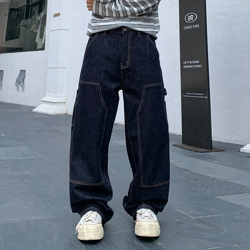 

‌Japanese Retro Washed Dark Blue Workwear Jeans Men Loose Straight Denim Pants Casual Skateboard Stacked Long Trousers Trendy