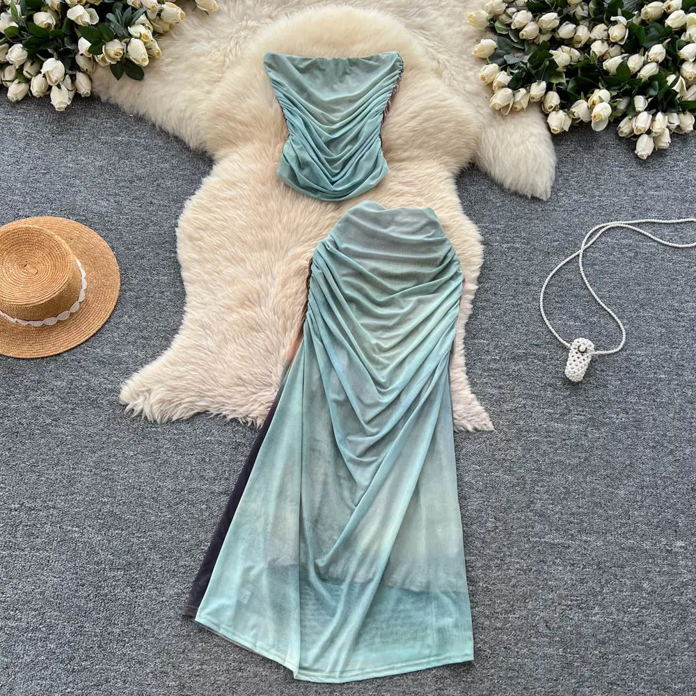 Elegant Vintage off shoulder pleated Party Club Korean Fashion Women Clothes summer Two Piece Set