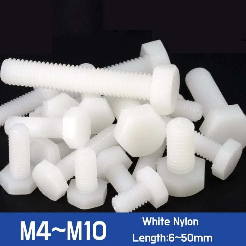 10~100pcs M4 M5 M6 M8 M10 White Nylon Hexagonal Screw Plastic Insulated Metric Threaded External Hex Head Bolt Length 6~50mm