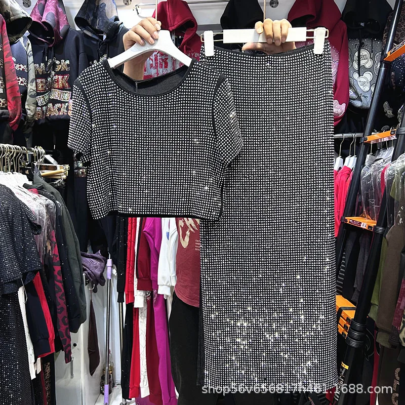 

Женская футболка с короткими рукавами Blingbling Full Diamonds, укороченные топы + модные женские юбки длиной до пола с эластичной резинкой на талии