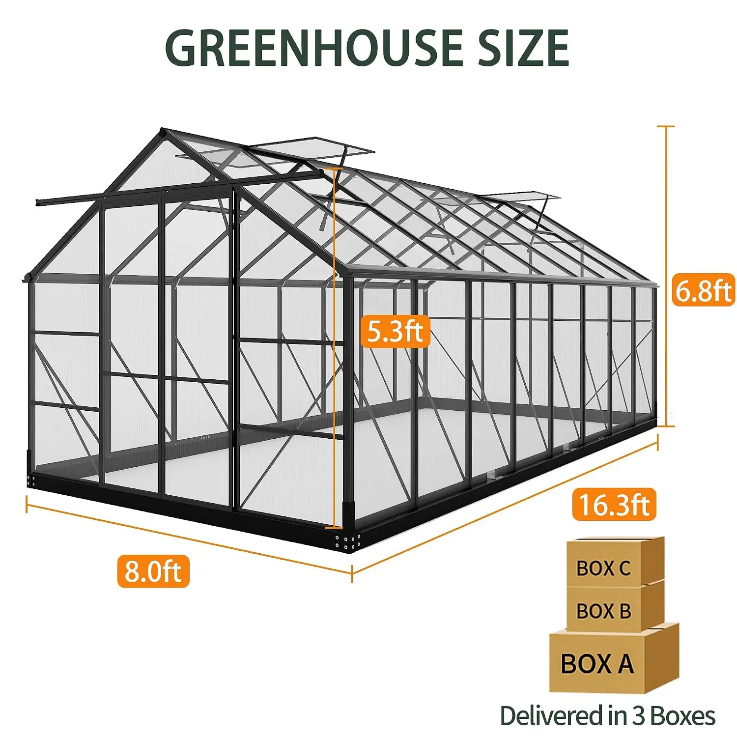 Polycarbonate Greenhouses, 8x16 FT Green Houses for Outside with Adjustable Roof Vents, Walk-in Aluminum Frame, Customi
