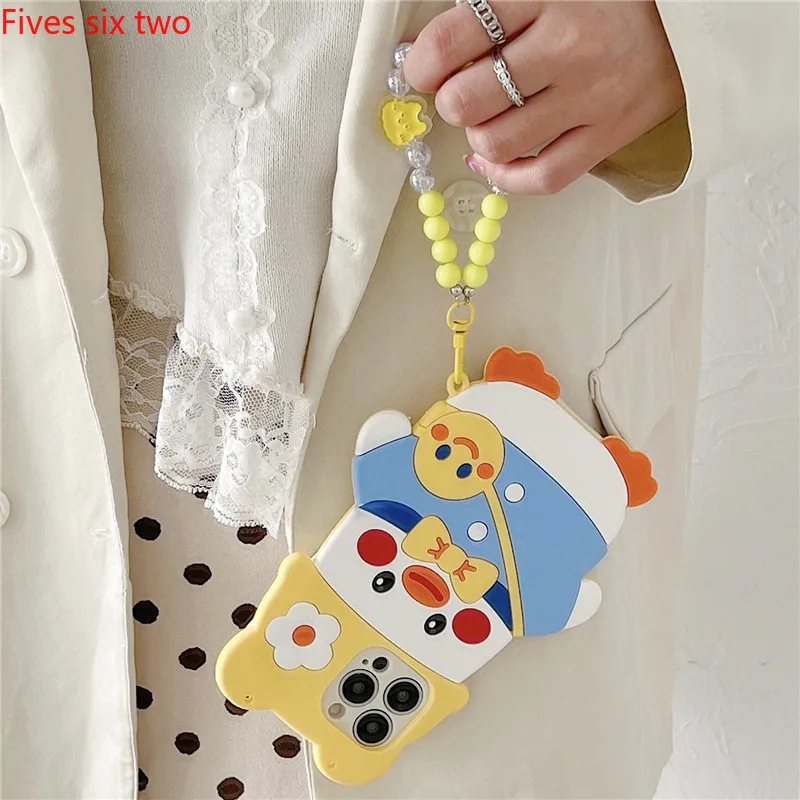 Yellow Duck Phone Cases With Strap For iPhone 15 Pro Max 14 13 12 11 X XS XR 7 8 Plus Cartoon White Beaded Flower Bracelet Coque