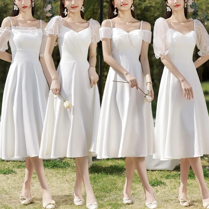 Customized White Bridesmaid Dresses Elegant Temperament Sling Simple Slim Wasit Solid Wedding Party Gown Puff Sleeve Medium To L