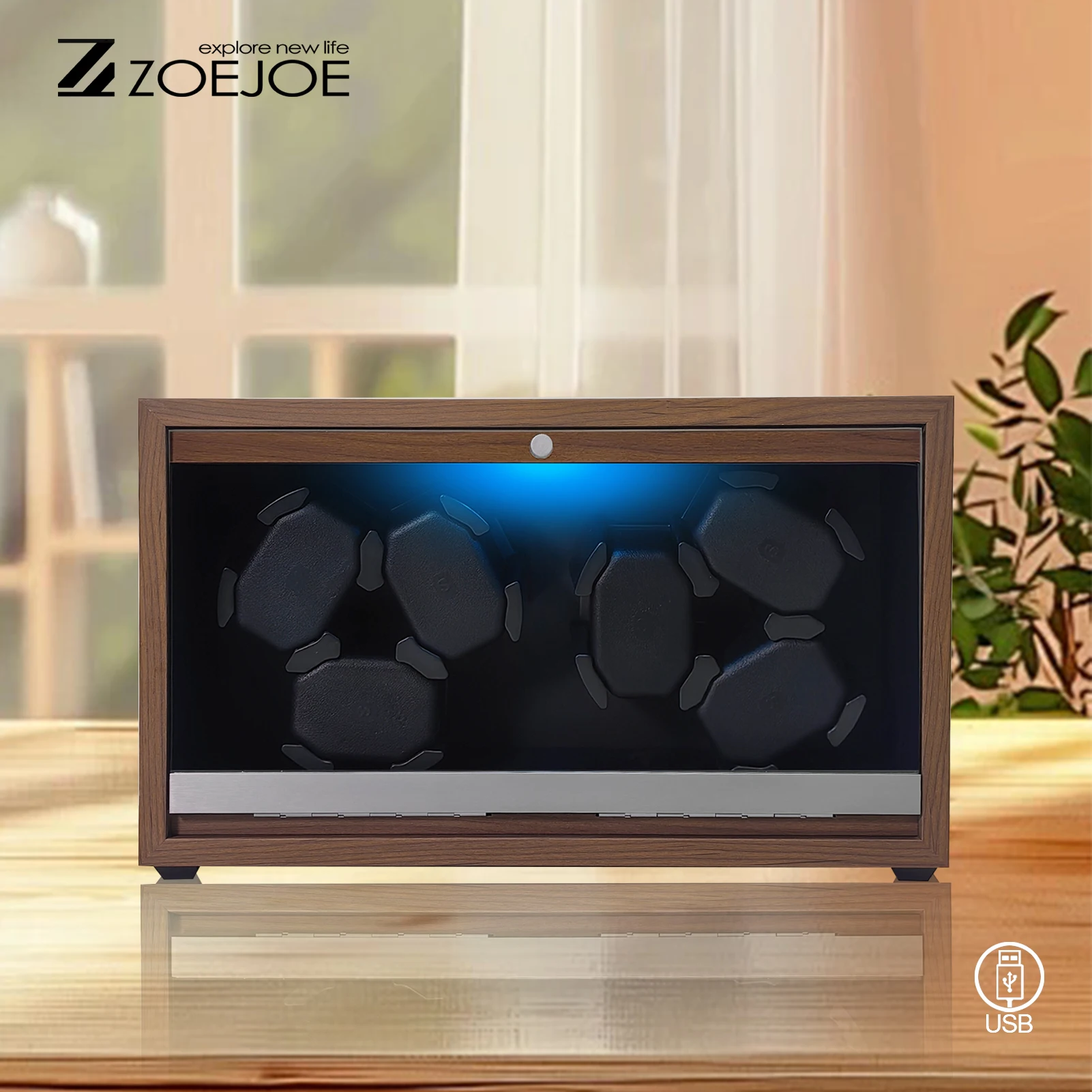 

Automatic Watch Winder With LED Ambient Light Quiet Motor Walnut Grain USB Cable 5 Modes Watch Winders Best Gifts For Men Women