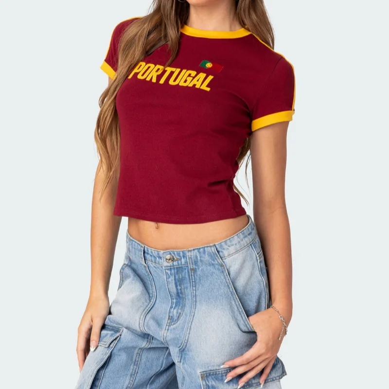 Europäischer und Amerikanischer Trendiger Spicy Girl Sexy Buchstaben-Bestickter Kurzer Top für Damen Kontrastfarben Crop T-Shirt Frühling Sommer