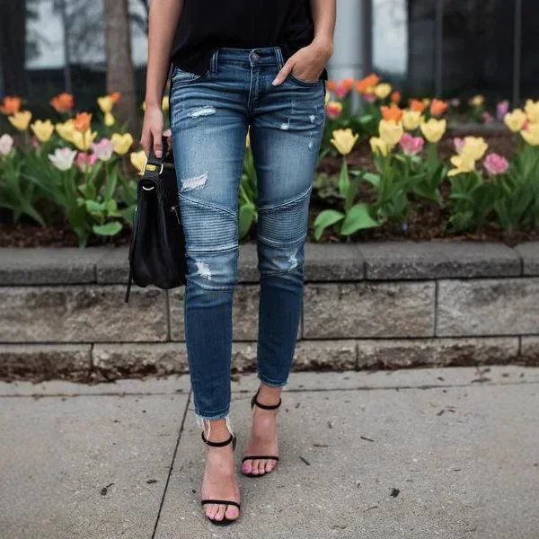 ペンシルパンツジーンズ レディース ホールデニム ママパンツ ミッドウエスト ウォッシュド加工 ダメージ加工 リップド Y2K ヴィンテージ スキニー アンクル丈 トラウザーズ ストリートウェア