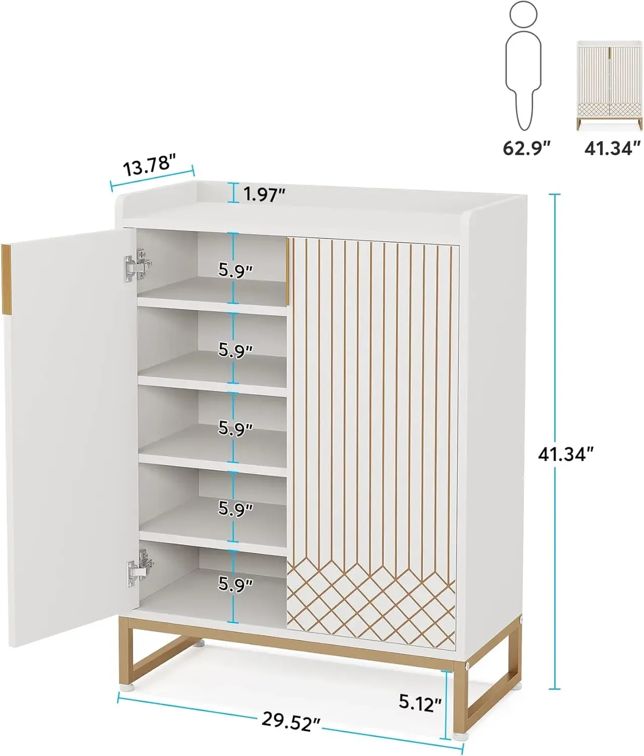 White, 25 Pair Shoe Cabinets with Doors, 5-Tier Modern Shoe Rack Organizer Cabinet, Freestanding Wood Storage