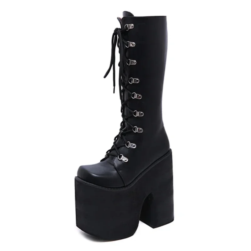 Gdgydh Large Size 43 Thick Platform Extreme High Heels Cool Motorcycles Boots Punk Style Shoelaces Knee High Boots Winter