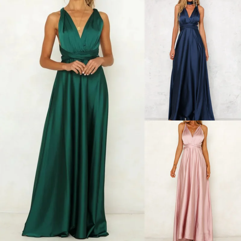 Sleeveless Backless Sexy  Evening Dress Fashion High Waist Satin V-neck Woman Dress Elegant Party Wedding Formal Dresses 26531