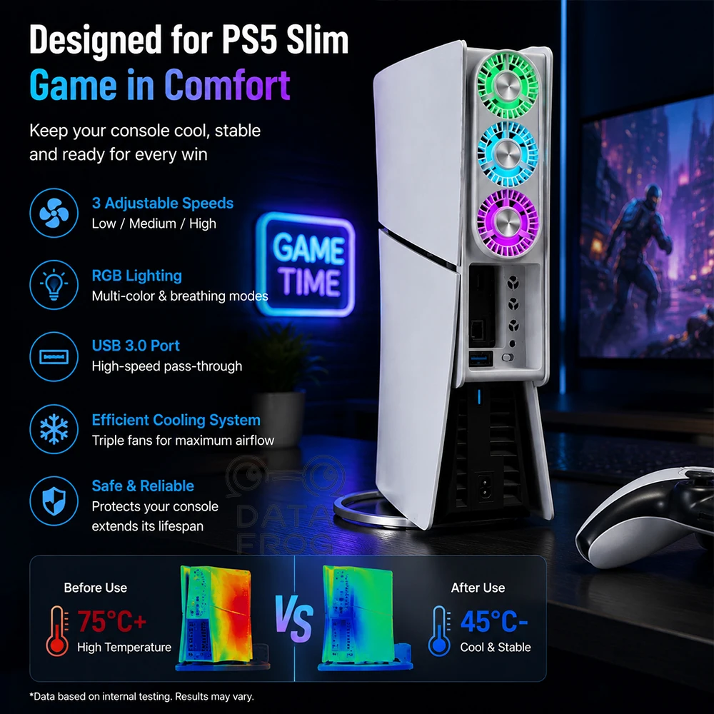 DATA FROG Silent Cooling Fan Compatible with PS5 Slim, Dorm Room & Bedroom Friendly Low-Noise Cooler view 3