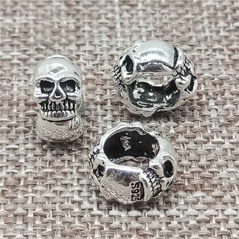 2pcs of 925 Sterling Silver Punk Skeleton Skull Beads 3-Sided Large Hole 6mm for Bracelet