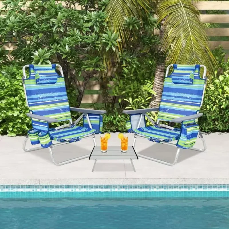 2-Packs Multicolor Outdoor Folding Backpack Beach Table and Chair Set 5-Position Reclining Camping Furniture