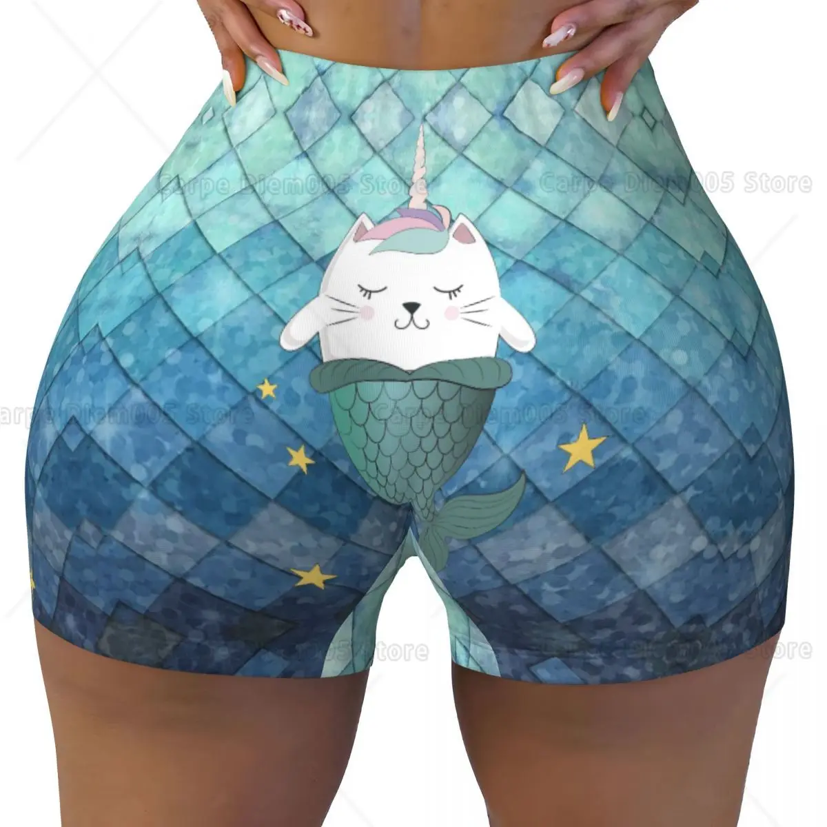 Mermaid Cat Workout Shorts Women Cute Print Biker Yoga Running Gym Spandex Shorts for Women