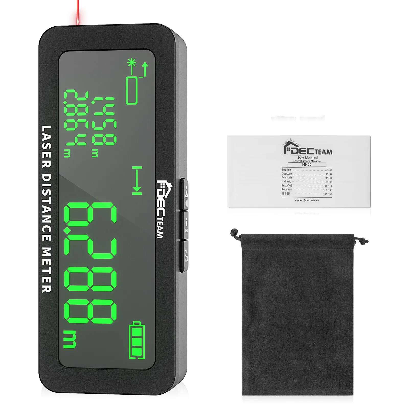 Misuratore di distanza laser Decteam MN50 Misura laser da 165 piedi/50 M con modalità di misurazione del volume dell\'area di distanza ad angolo