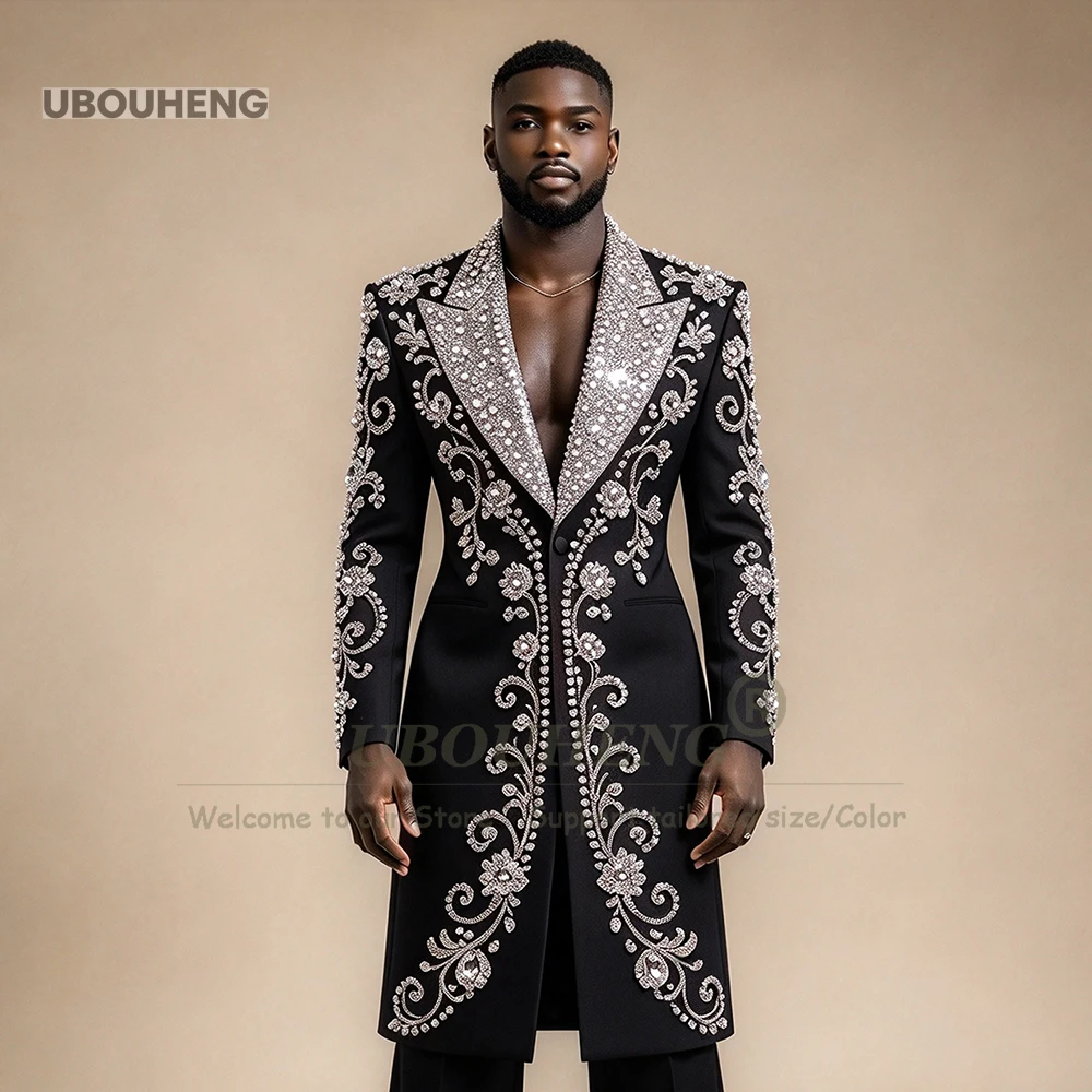Exquisite Long Men's Suit Set For Wedding Sparking Sequin Lapel Beaded Stones Groom Prom Blazer Customized 2 Pieces Man Tuxedos