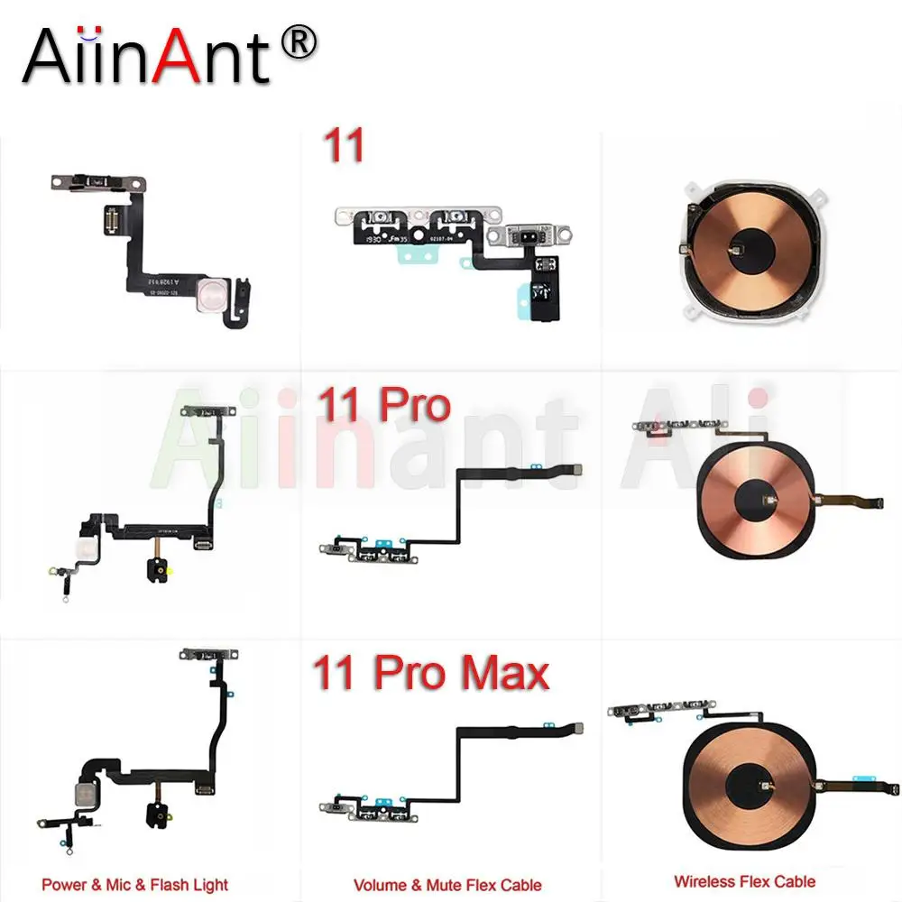 AiinAnt FlashLight  Volume Buttons Mute Wireless Charging Flash Light Power Flex Cable For iPhone 11 Pro Max Repair Parts