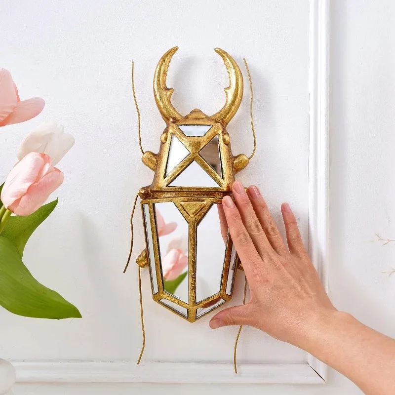 Golden Insect Mirror Insect Beetle Resin Handicraft Mirror Pendant Wall Decoration Mirror Wall Hanging Centipede Room Decor