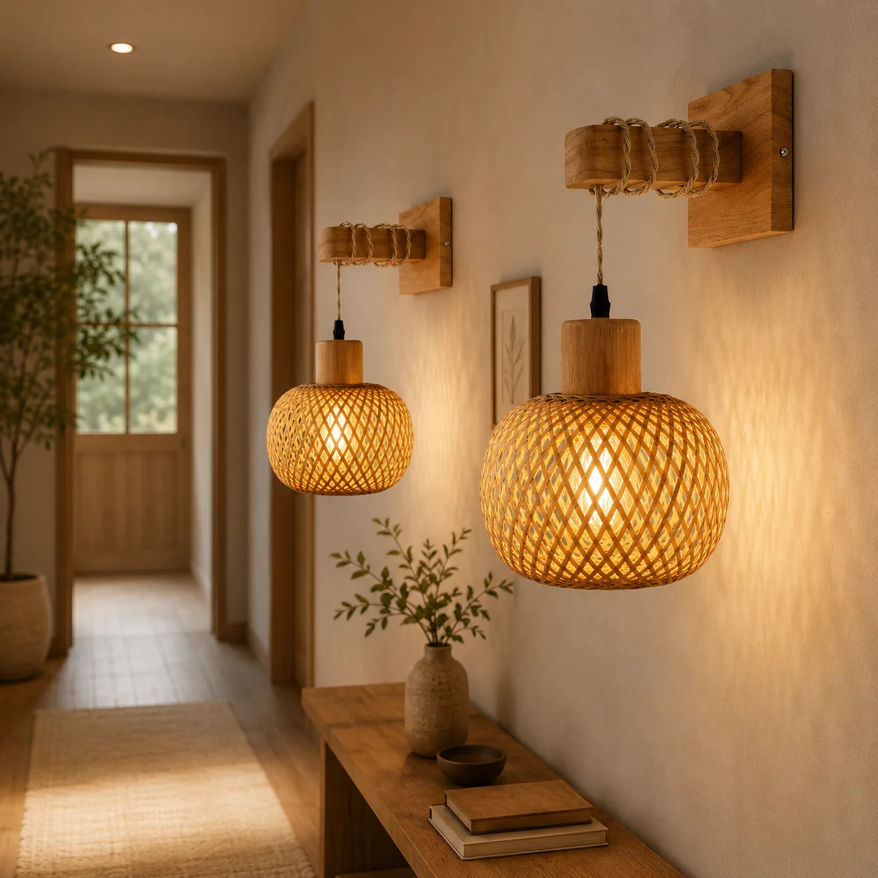 JOYINLED Bamboo Rattan Wall Sconce, Handwoven Boho Wall Lamp E27 Rustic Farmhouse Light for Bedroom Living Room Hallway