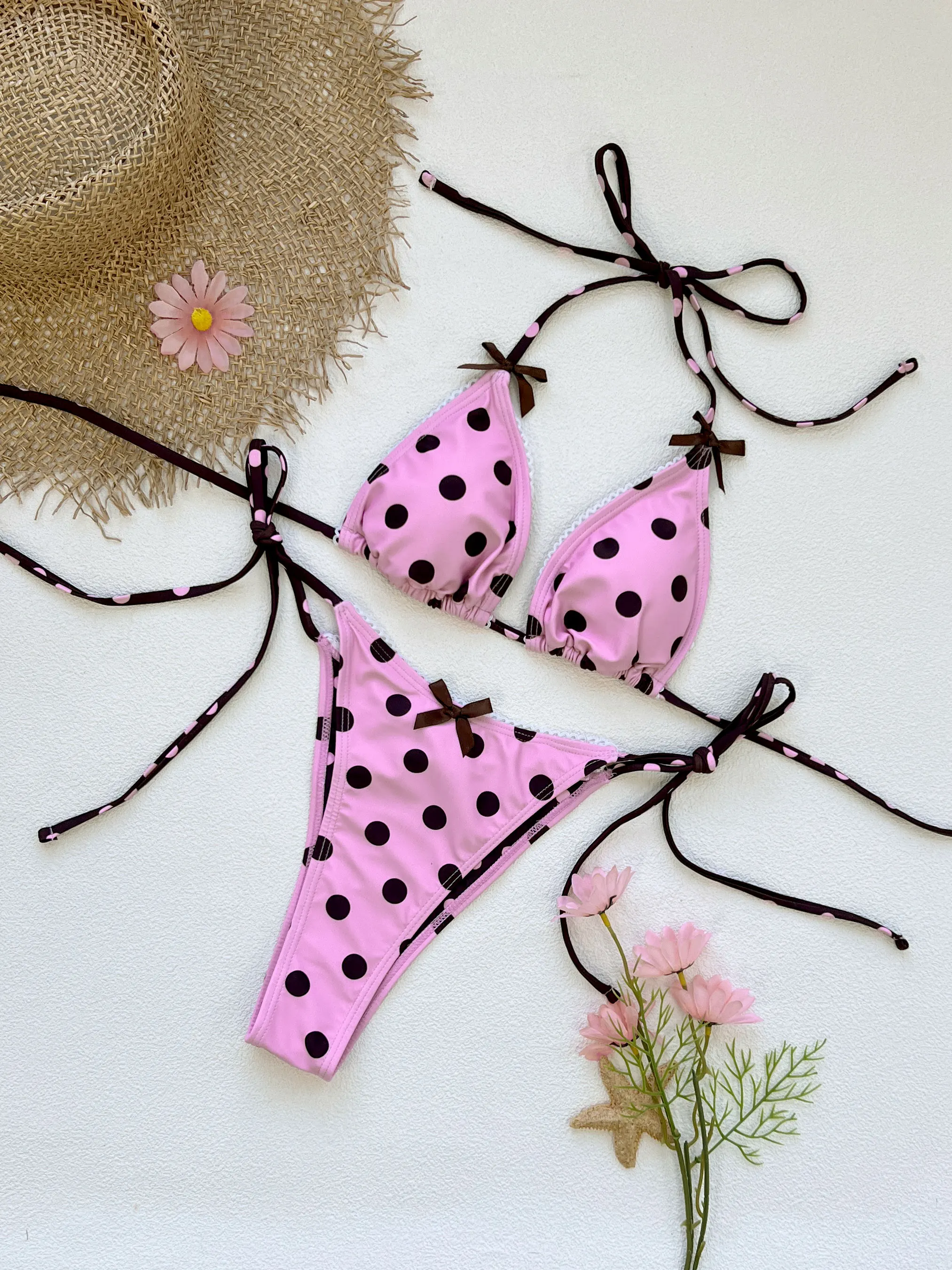 

Розовый купальник с точками, 2 предмета, сексуальное бикини 2026, женский купальник пуш-ап, бразильский бикини, сетчатый купальник с завязками на шее, пляжная одежда