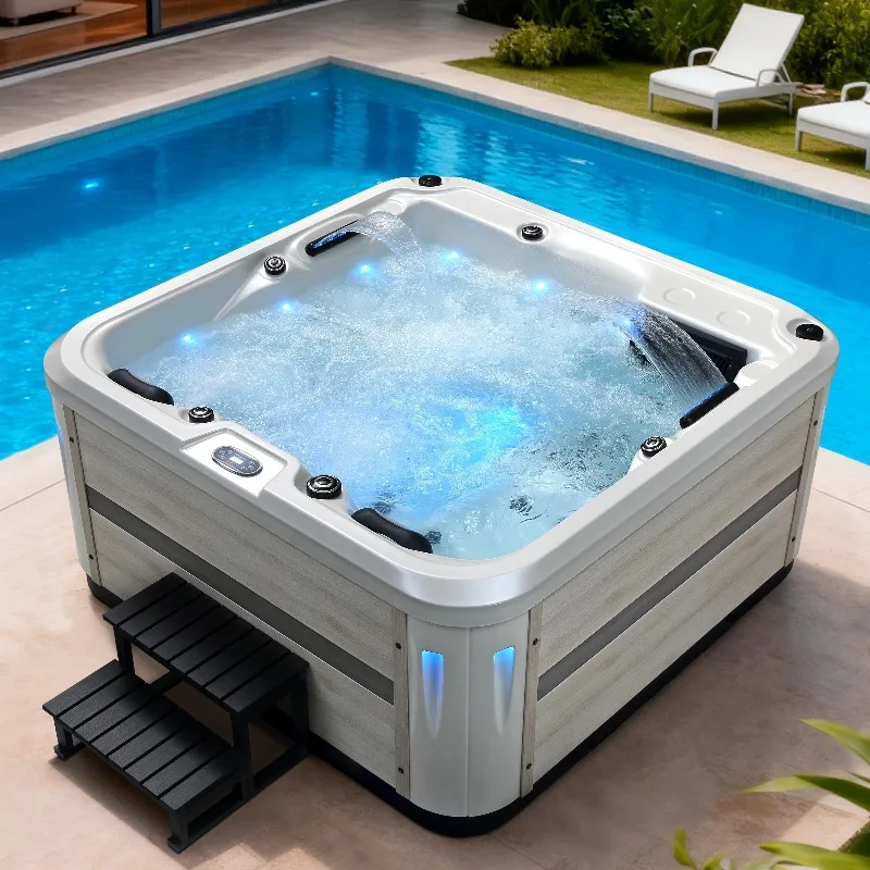 Jacuzzi Exterior Personalizado FL 2026, Color Blanco Perla Acrílico, Opcional con Revestimiento de Madera, para Jardín, Patio Trasero o Villa