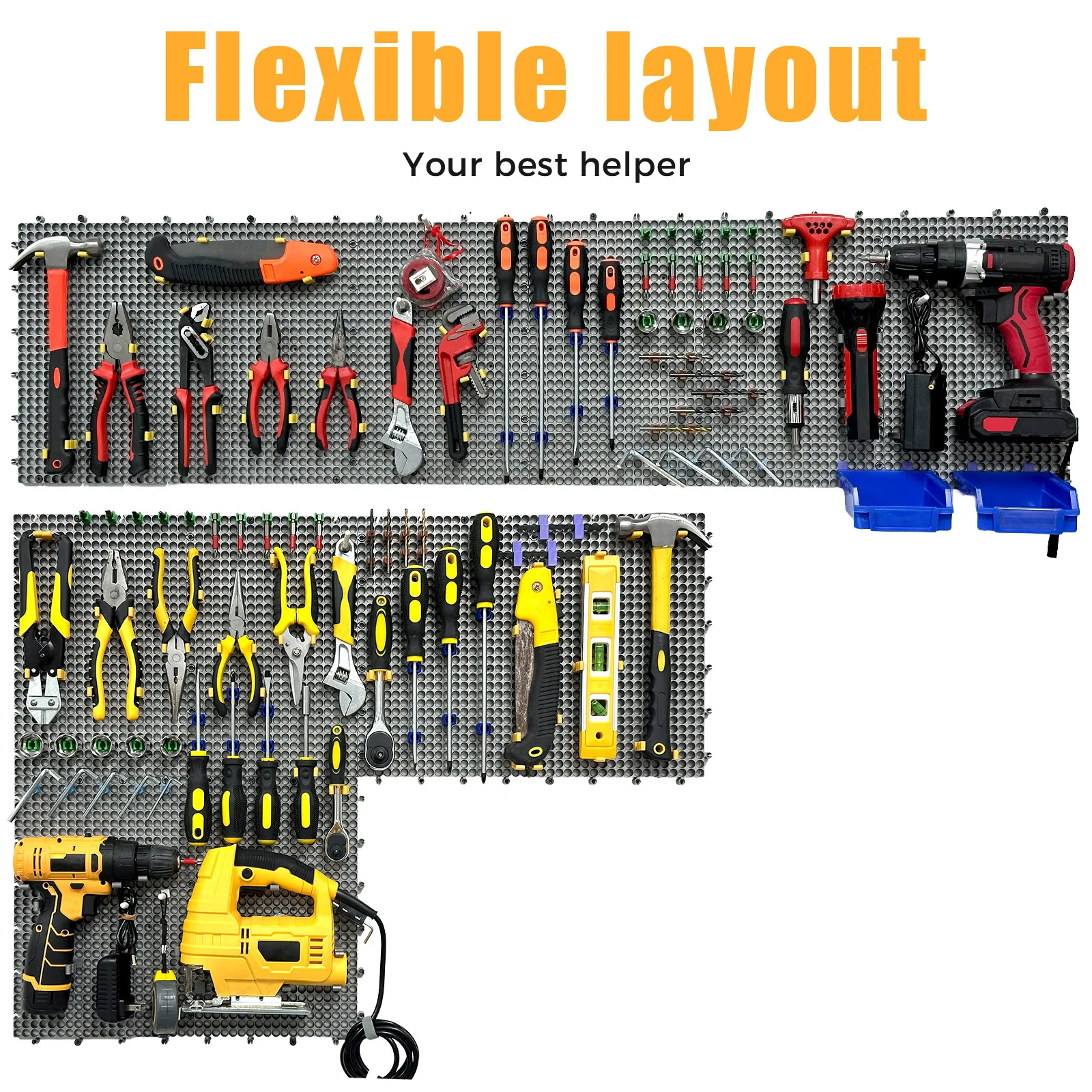 ชุดแผ่นเพ็กบอร์ดพลาสติกสีเทา 6 ชิ้น พร้อมอุปกรณ์เสริม 200 ชิ้น ป้องกันสนิม ไม่ยุบตัว ใช้จัดระเบียบผนังโรงรถ