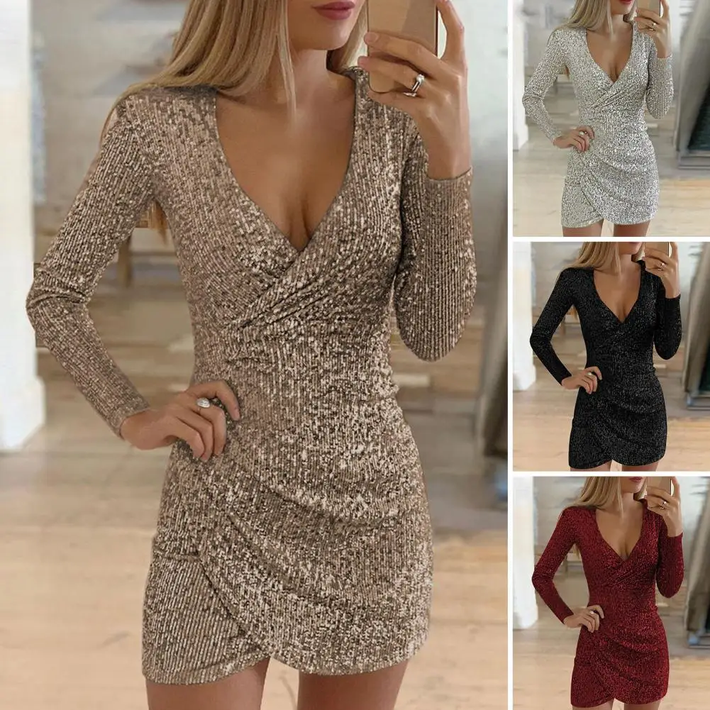 Sexy Silver Glitter Dresses For Women 2024 Deep V-Neck Sequin Mini Bodycon Casual Women's Dresses Autumn Winter Party Dress