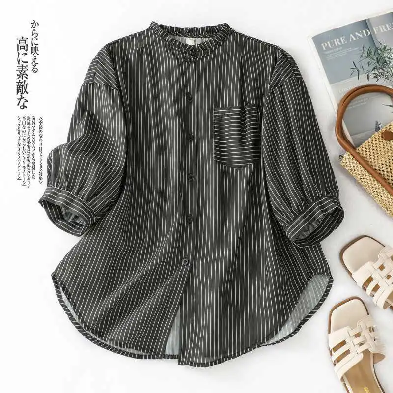 بلوزة نسائية جديدة من القطن والكتان قمصان 2025 قميص فضفاض مخطط صيفي للسيدات بلوزات نسائية قميص Y Blusas