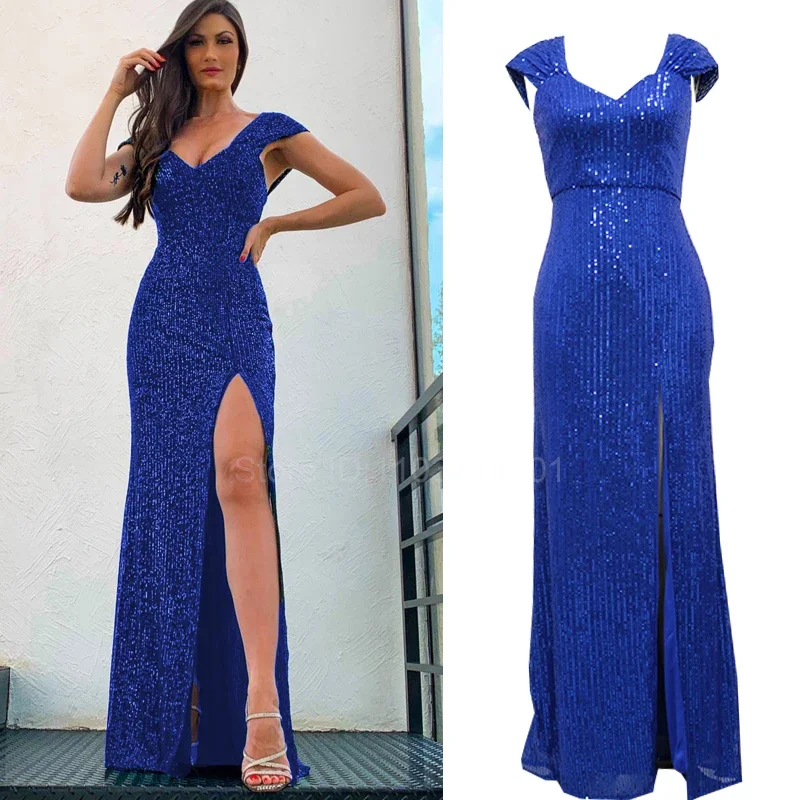 

Sexy Spaghetti Strap Sequin Floor Length Party Dress Front Slit Backless Padded Bodycon Mermaid Maxi Long Dress