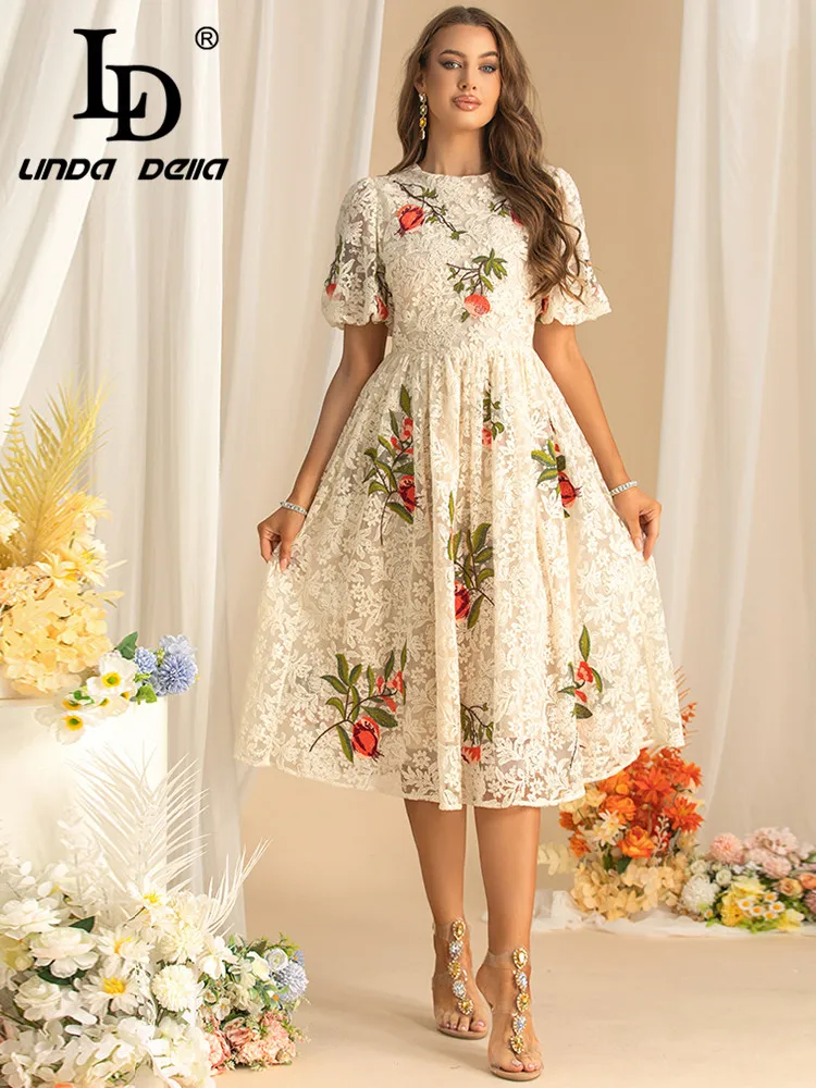 LD LINDA DELLA New style Embroidery Design Women\'s Dress Puff Sleeve High waist Autumn Large swing Ball Gown Dresses