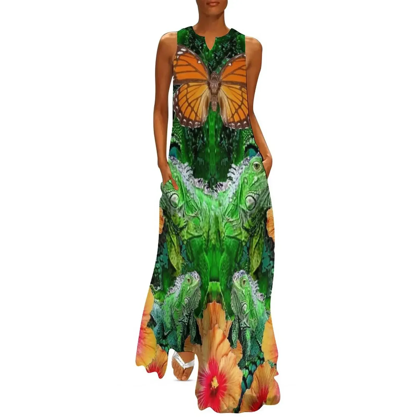 

HIBISCUS FLOWERS GREEN IGUANAS MONARCH BUTTERFLY Long Dress Women's dress Elegant gowns Female dress women