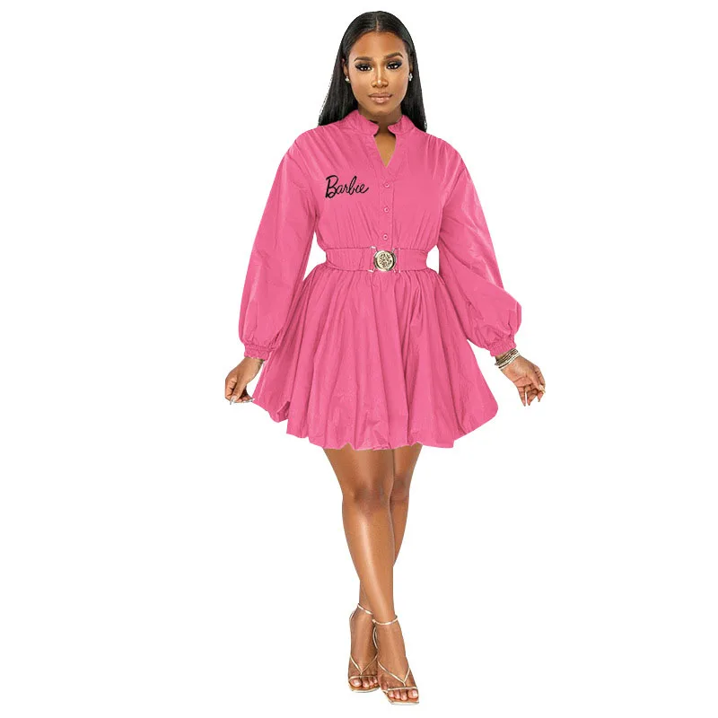 Fashion Barbie Long Sleeve Belted Short Dress European American Style Women's Half Cardigan Stand Collar Women's Clothing